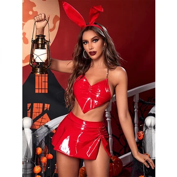 Halloween Lenjerie Bunny Latex De Cosplay, Costume Sexy 4-Bucata De Tanga Capastru Din Piele, Sissy Lenjerie Club De Noapte Tinuta